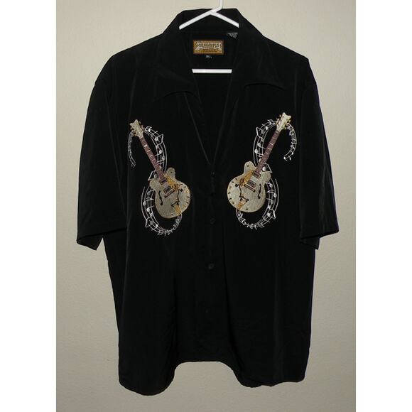 Vtg Dragonfly Men’s XL SS Button Shirt Black Polyester Embroidered Gaucho Guitar - Picture 1 of 4